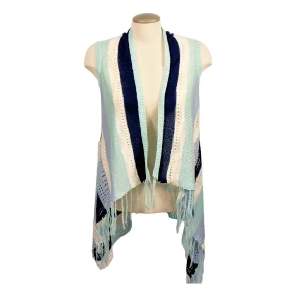 Open Front Sweater Vest Womens M Blue Boho Hippy Crochet Fringe Tassel Hi Lo Hem - Picture 1 of 5